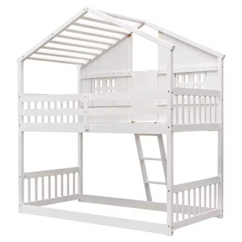 Doppel-Loftbett in Hausform, Holzspielhaus-Loftbett mit Leiter und Schutzgittern für Kinder