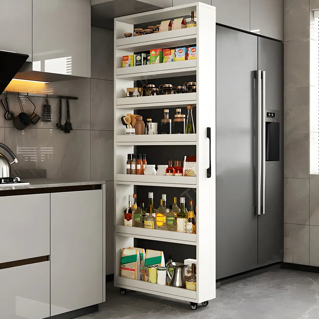 Modernes Holz-Buffet mit offenen Regalen und Rollen