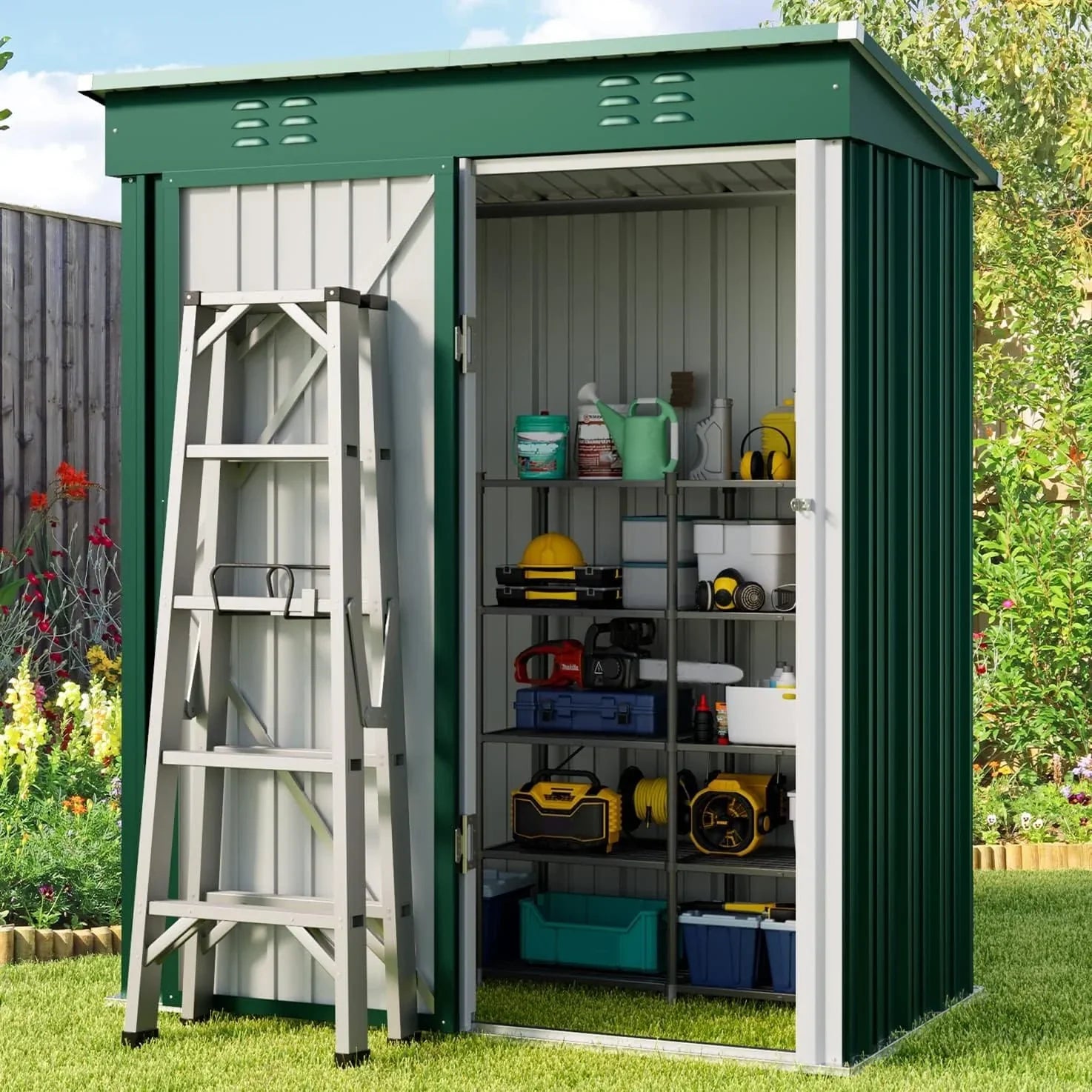 Outdoor-Geräteschuppen aus Metall mit abschließbarer Tür für Gartenmöbel und Werkzeuge