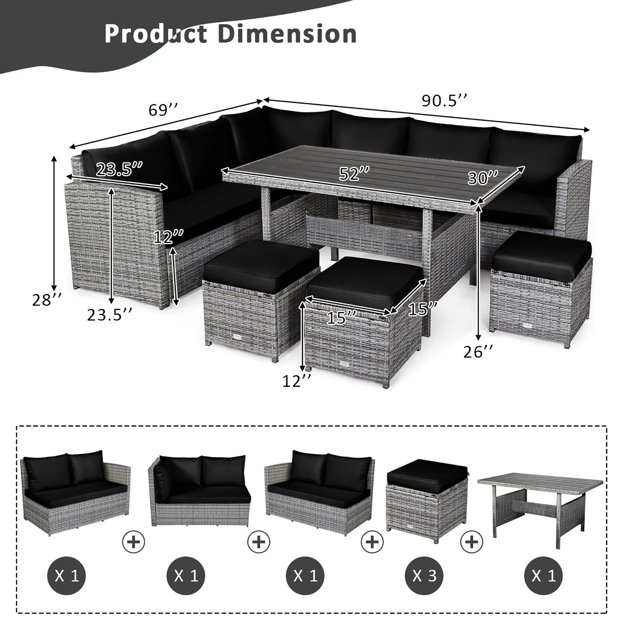 Costway 7-teiliges Terrassen-Essgruppe Rattan-Sofa Couch Ottomane – Details ansehen