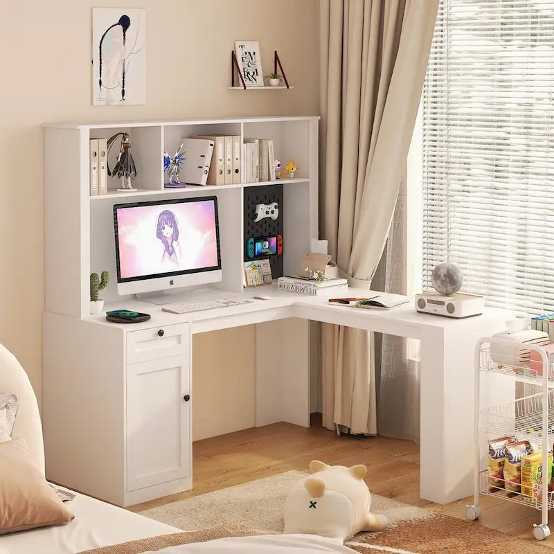 L-förmiger Schreibtisch mit Steckdose, Computertisch mit Schubladen, Regal & Aufsatz, Moderner Eckschreibtisch, Home-Office-Schreibtisch