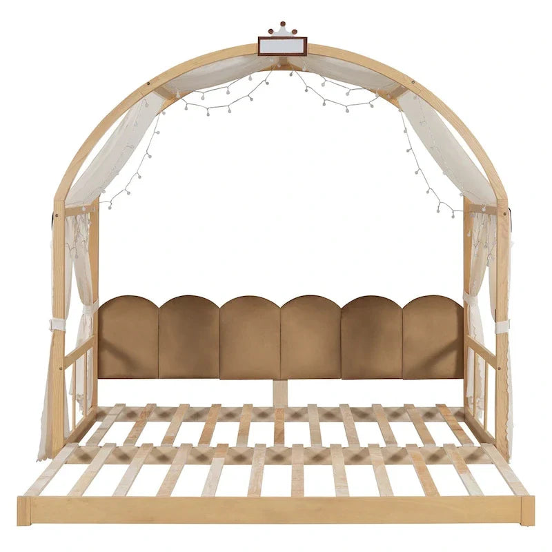 Massivholz-Spielhaus-Plattformbett, Montessori-Bettrahmen mit gewölbtem Dach und Ausziehbett für Mädchen und Jungen