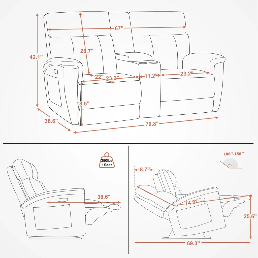 MCombo 60.2 Power Loveseat Relaxsofa mit Massage und zweifacher Heizung, verstellbarer Kopfstütze, USB- & Typ-C-Anschluss, Stoff