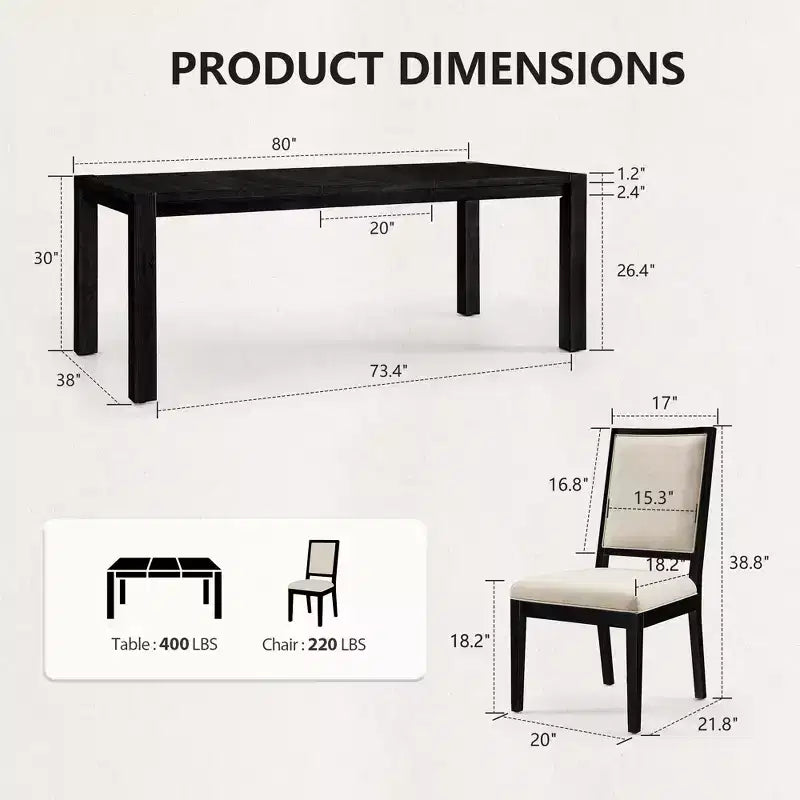 Modernes Esszimmer-Set – 80 Tisch + 6 gepolsterte Stühle, Massivholzrahmen, 180 kg Tischbelastbarkeit, einfache Montage