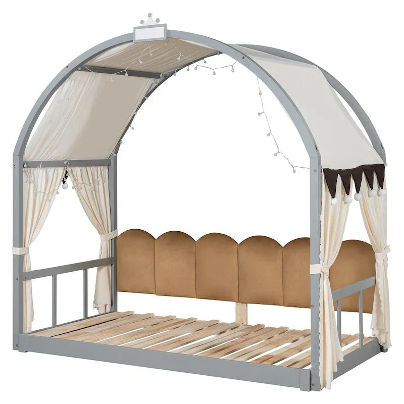 Massivholz-Spielhaus-Plattformbett, Montessori-Bettrahmen mit gewölbtem Dach und Ausziehbett für Mädchen und Jungen