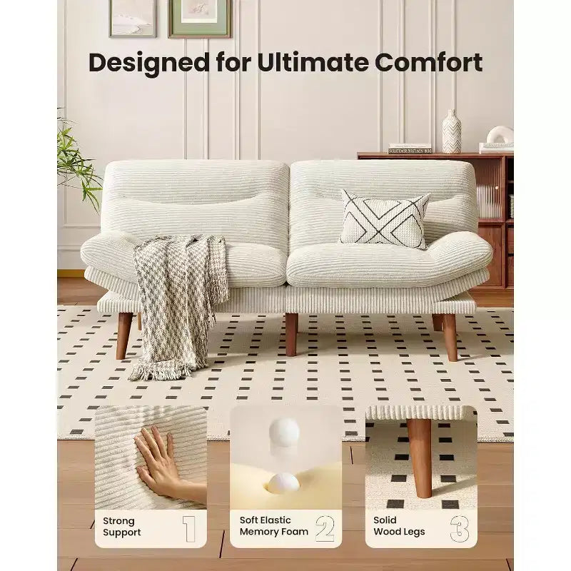 168 cm Cordsofa-Schlafsofa mit verstellbarer Rückenlehne und Armlehnen, geeignet für kleine Räume, Wohnzimmer oder Büros als Futon-Sofa.