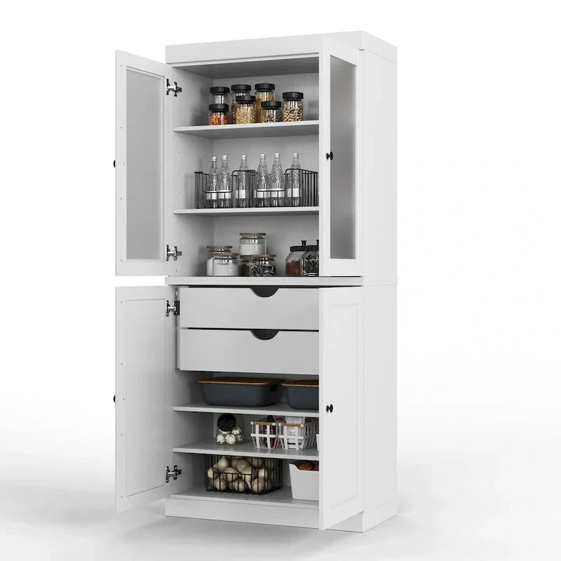 Vollholz-Vorratschrank mit Milchglastüren, Holztüren, 2 Schubladen und verstellbaren Einlegeböden