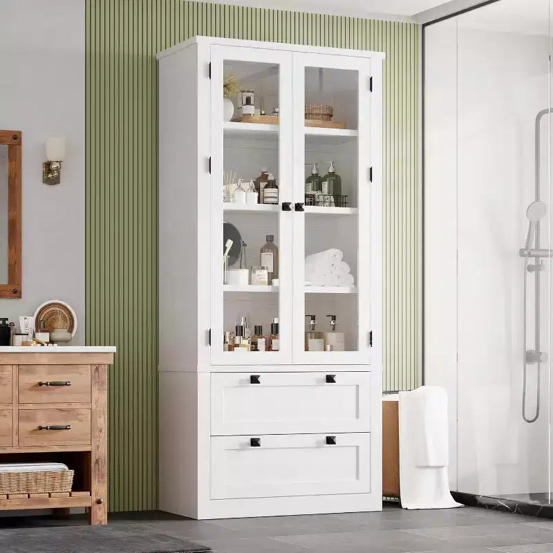 Farmhouse Küchenschrank mit Glastüren, 183 cm Vorratsschrank mit Schubladen und verstellbaren Regalböden für Esszimmer, Bad, Wohnzimmer