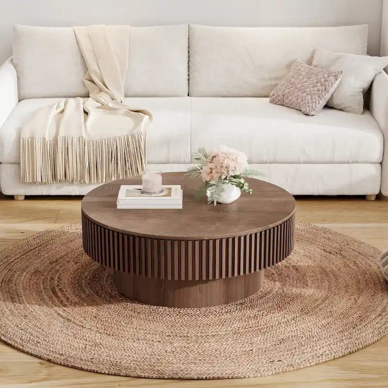 Moderner runder Couch-/Teetisch aus massivholzfurniertem Holz mit Stauraum