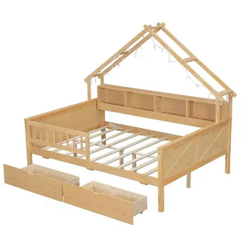 Hausbettgestell in voller Größe mit Schubladen, Haus-Plattformbett mit LED-Beleuchtung, Ablagefächern und Schubladen, Tagesbett aus Holz mit Dach und Geländer