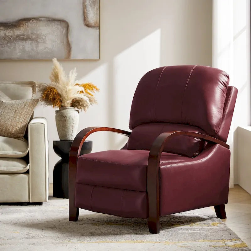 Alex Mid-Century Modern Zigarren-Sessel aus echtem Leder mit manueller Relaxfunktion und geschwungenen Holzarmlehnen