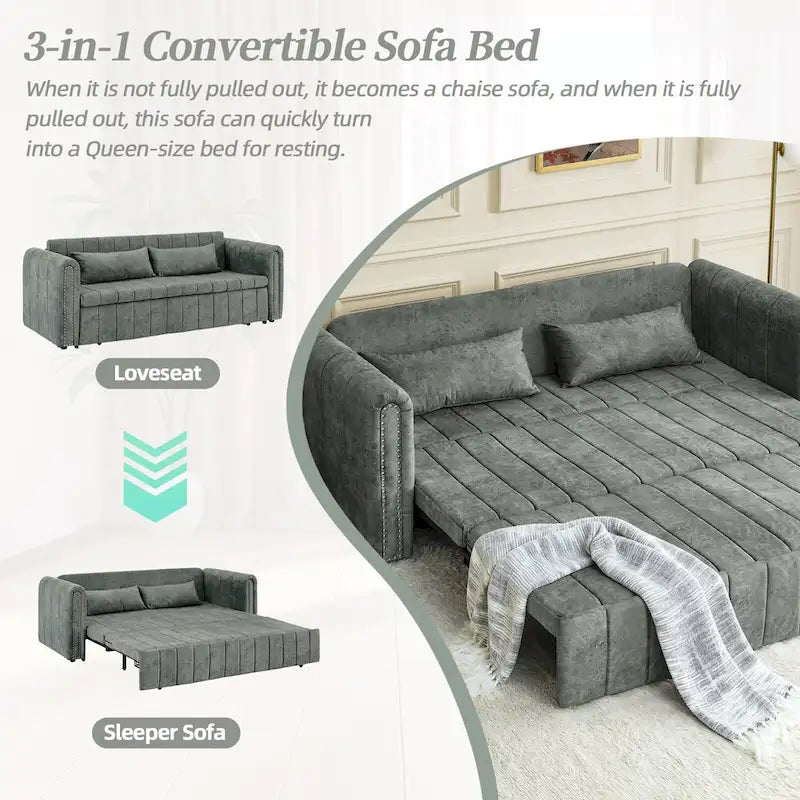Modernes Schlafsofa aus Samt mit Rollarmen, verziert mit Kupfernägeln