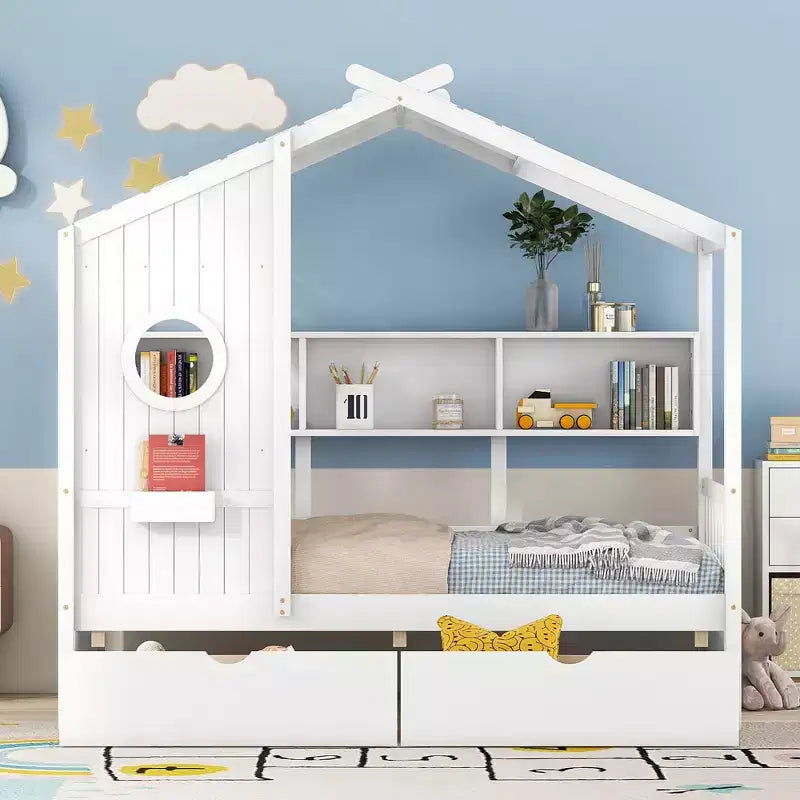 Hausbett aus Holz in Twin-/Full-Size mit 2 Schubladen, Kinderbett mit Ablageregal - ModernLuxe