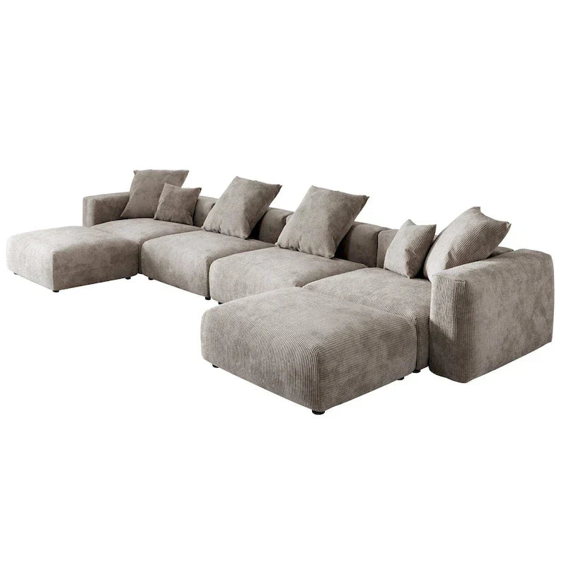 Großes modulares Ecksofa, Kordbezug, U-förmig, 4-Sitzer mit 2 Ottomanen und 5 Kissen