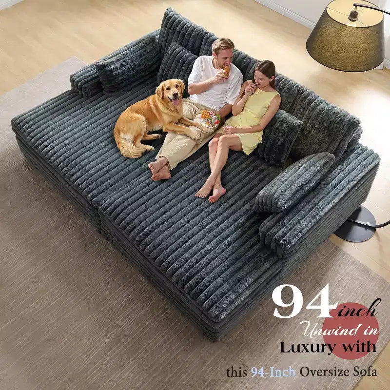 AMERLIFE 93 Doppel-Récamiere-Sofa für Zwei, tiefes Cloud-Sofa mit Lendenkissen & breiten Armlehnen, einfache Montage, Kunstfell