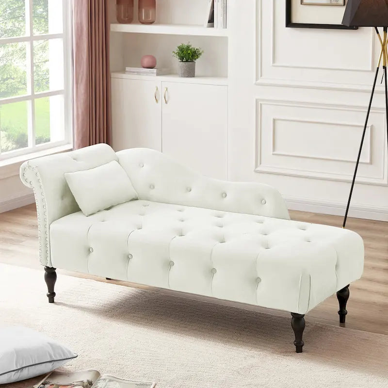 Moderne 60.6 Samt gepolsterte Knöpfe getuftete Chaiselongue mit Massivholzbeinen und Ziernägeln