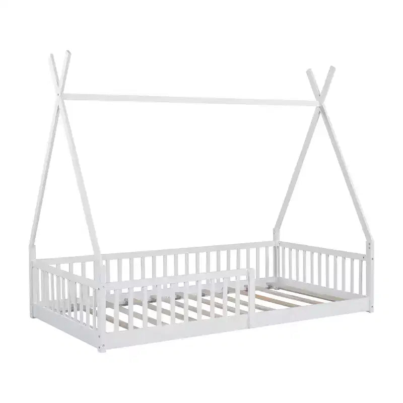 Bodenbett für Kinder, Zeltbetten in Doppelbettgröße, Montessori-Bodenbett mit Lattenrost und Zaungeländer, Holz-Hausbettgestell für Jungen und Mädchen