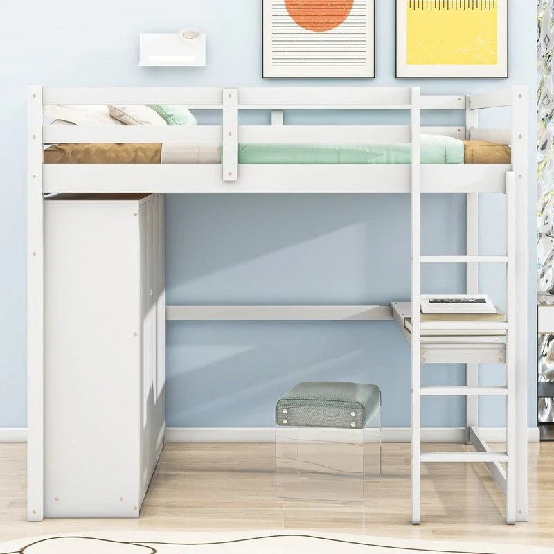 Vollholz-Hochbett mit integriertem Kleiderschrank, Schreibtisch, Ablagefächern und Schubladen