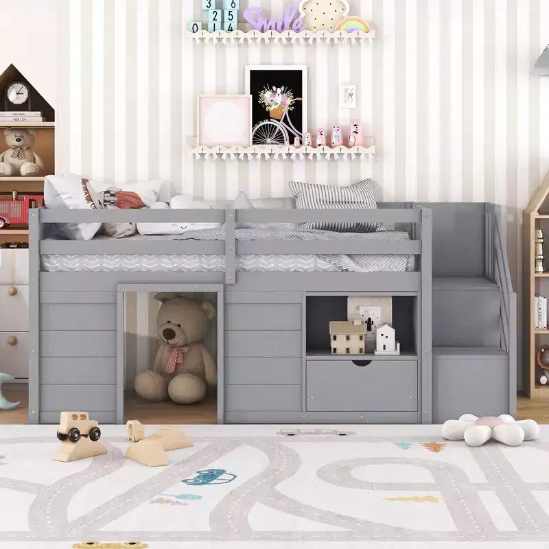 Okak Massivholz-Hochbett mit Treppe & Stauraum, Niedriges Etagenbett mit Schubladen & Regalen, Multifunktionales Hochbett für Kinder, Jugendliche