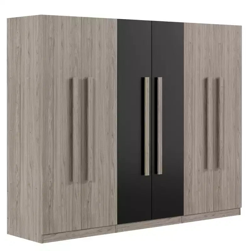83W 6-türiger Kleiderschrank Garderobenschrank Aufbewahrungsschrank mit 2 Schubladen, Kleiderstangen und Ablageflächen, Schwarz+Natur-ModernLuxe