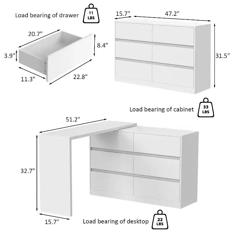 Intelligentes, drehbares/ausziehbares Buffet-Sideboard mit 6 Schubladen, erweiterter Arbeitsplatte, rutschfester Matte, drehbarem Esstisch, Kücheninsel-Vorratskammer
