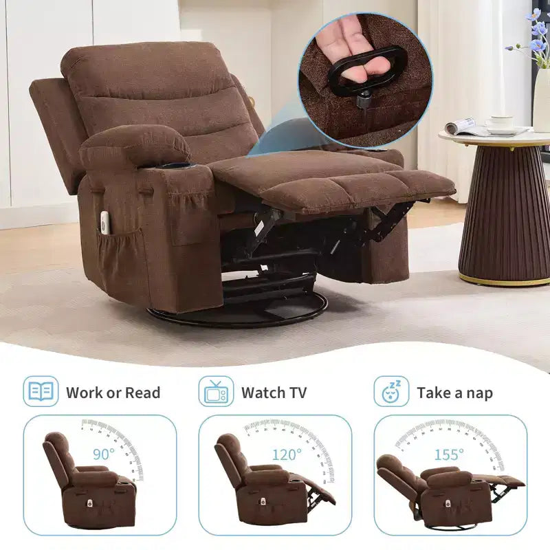 Übergroßer 360°-Dreh- und Schaukelsessel mit Massage und Heizung – Ergonomischer Loungesessel mit Getränkehaltern, Seitentaschen für Wohnzimmer, Kinderzimmer