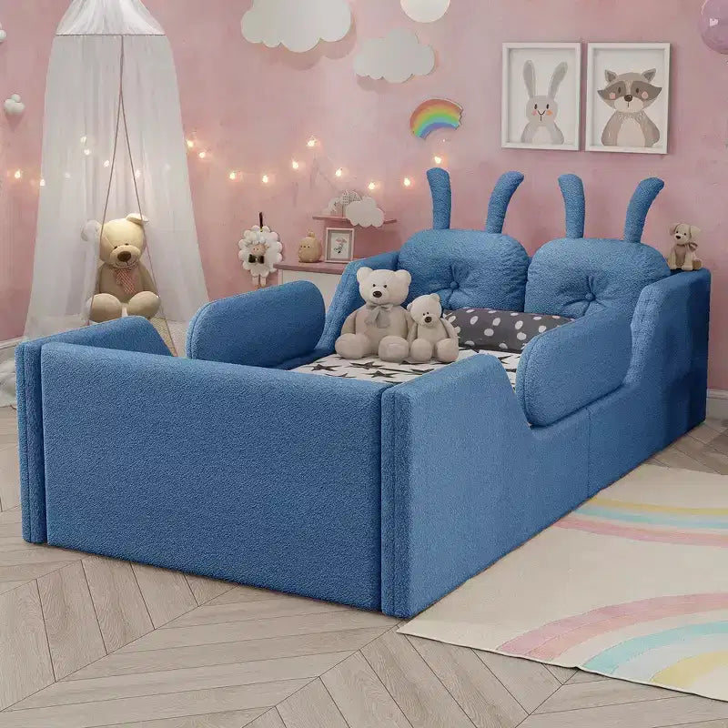 Whisen Twin Plattformbett, Kinder-Bodenpolsterbettgestell mit Hasenkissen, abnehmbare Seitengitter