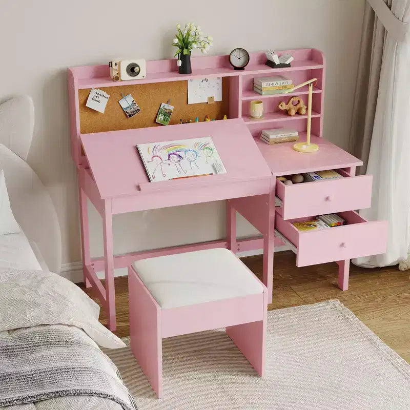Kinder Schreibtisch und Stuhl Set, Holz Lerntisch mit verstellbarer Neigungsplatte, Schubladen & Korktafel - Schul-Lernschreibtisch Set für Kinder