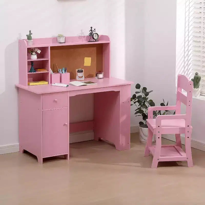 Kinderschreibtisch, Schreibtisch- und Stuhlset für Jungen und Mädchen, Holzkinder-Schreibtisch mit Bücherregal, Pinnwand, Schrank und Schublade für Kinder von 3-8 Jahren