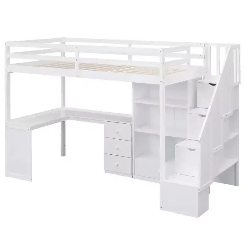 Hochbett in Twin-Größe mit L-förmigem Schreibtisch, 3 Schubladen, Schrank, Treppenstauraum, aus massivem Kiefernholz/MDF gefertigt