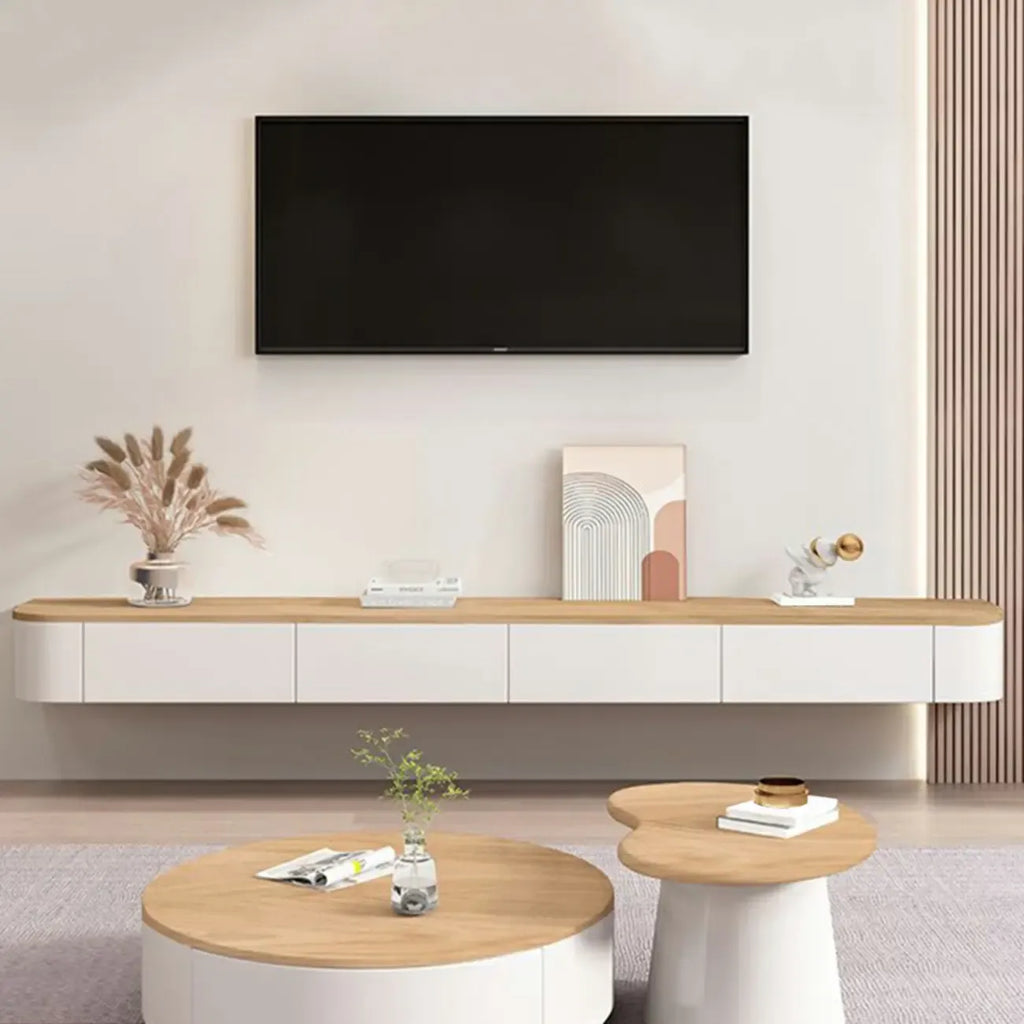 Modernes schwebendes TV-Board aus weißem Langholz mit Schubladen