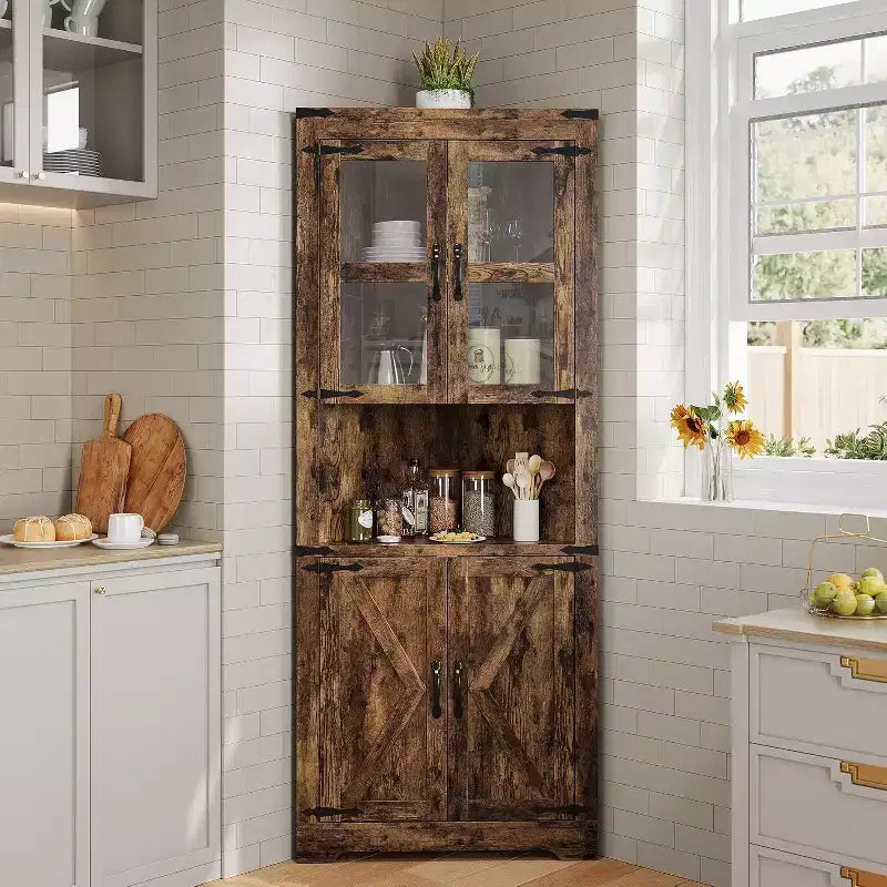 69" Hoher Eckschrank, Bauernhaus-Eckschrank, platzsparender Stauraum, Glastür, verstellbare Einlegeböden, für Wohnzimmer, Küche