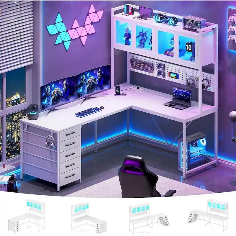 L-förmiger Gaming-Schreibtisch Computertisch Lochwand 5 Schubladen Ablageregal