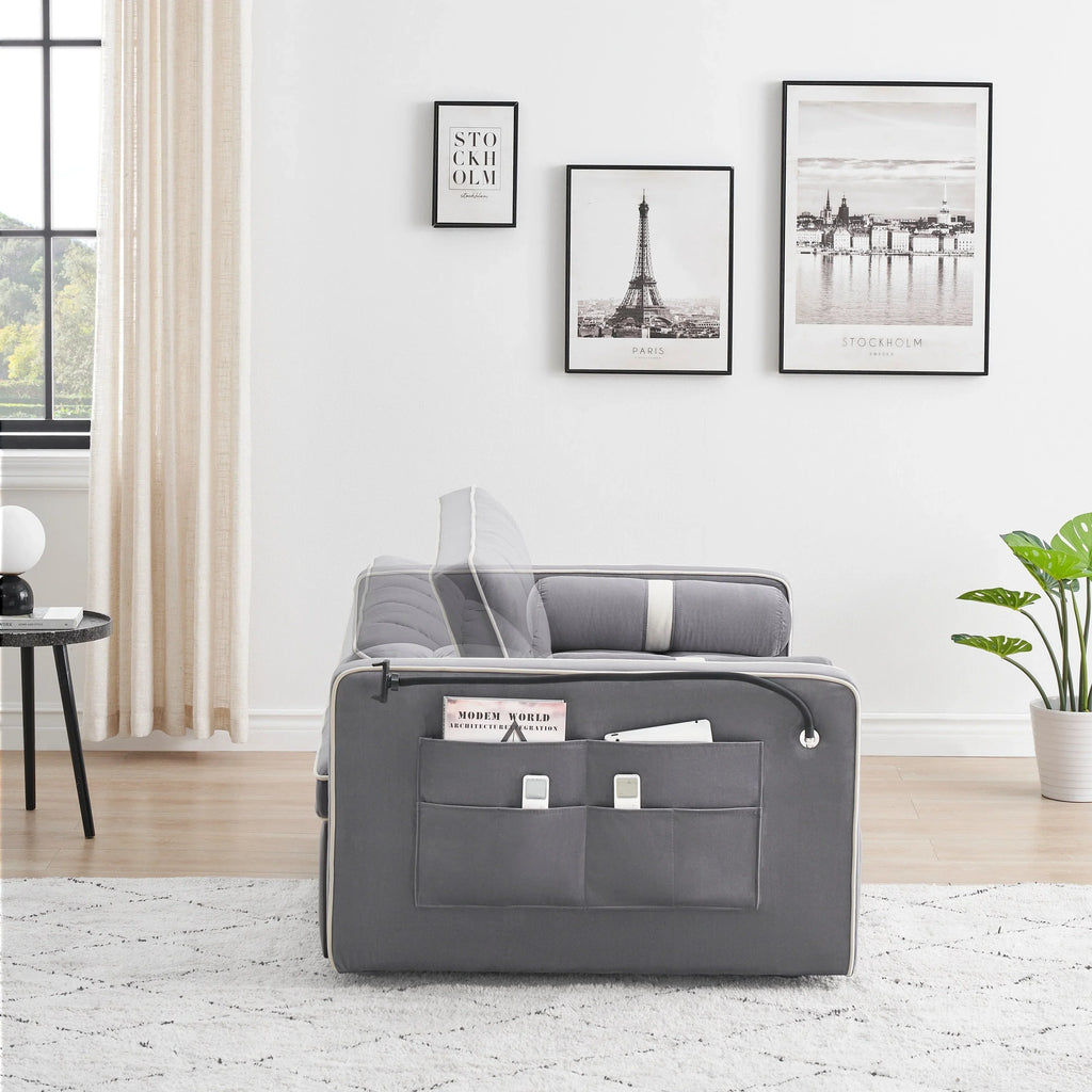Samt-Schlafsofa zum Umbauen, 140 cm, 2-Sitzer, mit Ausziehbett, verstellbarer Rückenlehne, Seitentaschen und Handyhalterung