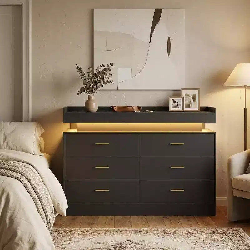 Moderner TV-Schrank mit 6 Schubladen & LED-Beleuchtung, schwebende Arbeitsplatte als Kaffeebar für Wohnzimmer Entertainment Center