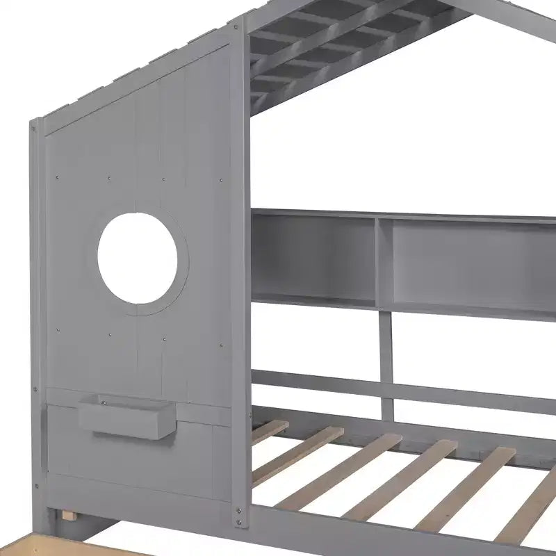 Hausbett aus Holz in Twin-/Full-Size mit 2 Schubladen, Kinderbett mit Ablageregal - ModernLuxe