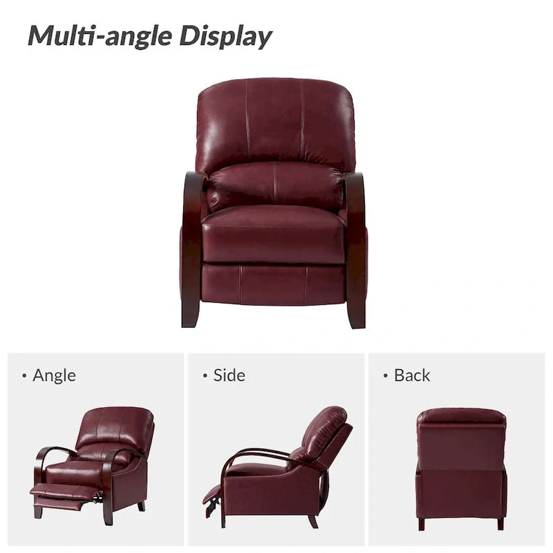 Alex Mid-Century Modern Zigarren-Sessel aus echtem Leder mit manueller Relaxfunktion und geschwungenen Holzarmlehnen
