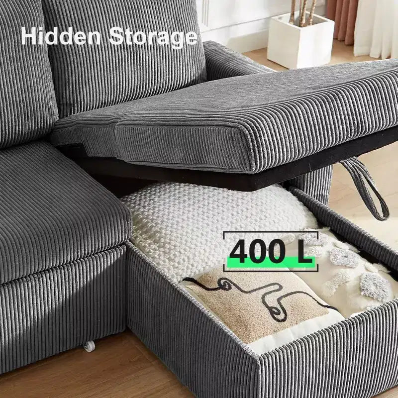 Dyonery 2-in-1 Schlafsofa ausziehbar mit Stauraum-Recamiere, Cord-Ecksofa mit USB-Anschlüssen für das Wohnzimmer