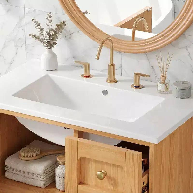 JVNOXK 75 cm Rustikaler Moderner Keramik-Waschtischunterschrank mit 3 Schubladen und 1 großer Soft-Close-Tür, Aufbewahrungsschrank, Naturholzmaserung