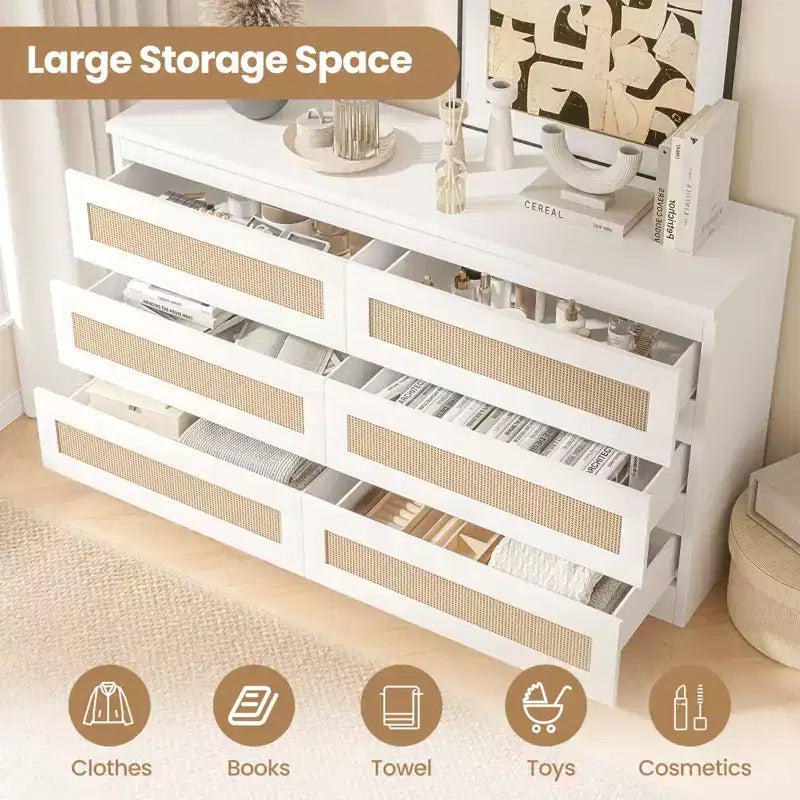 Rattan-Kommode für Schlafzimmer mit 6 Schubladen, 47" moderne Farmhouse breite Kommode, Holz-Aufbewahrungsschrank-Organizer für Kleiderschrank, Wohnzimmer, Flur