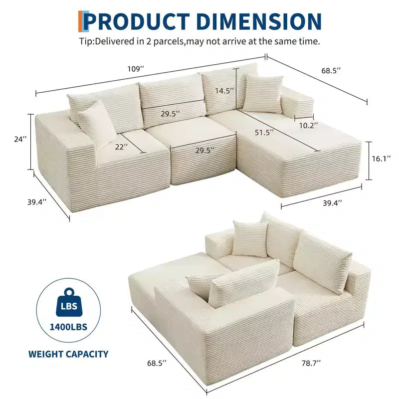 108 Modernes Sofa, 3-Sitzer Polster Ecksofa mit Kissen, Tiefes Sofa, Keine Montage Erforderlich