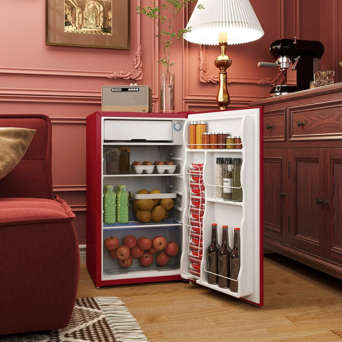 HOMCOM 90L Mini-Kühlschrank mit Gefrierfach, Kompakter Kühlschrank mit einer Tür und einstellbarem Thermostat für Schlafzimmer