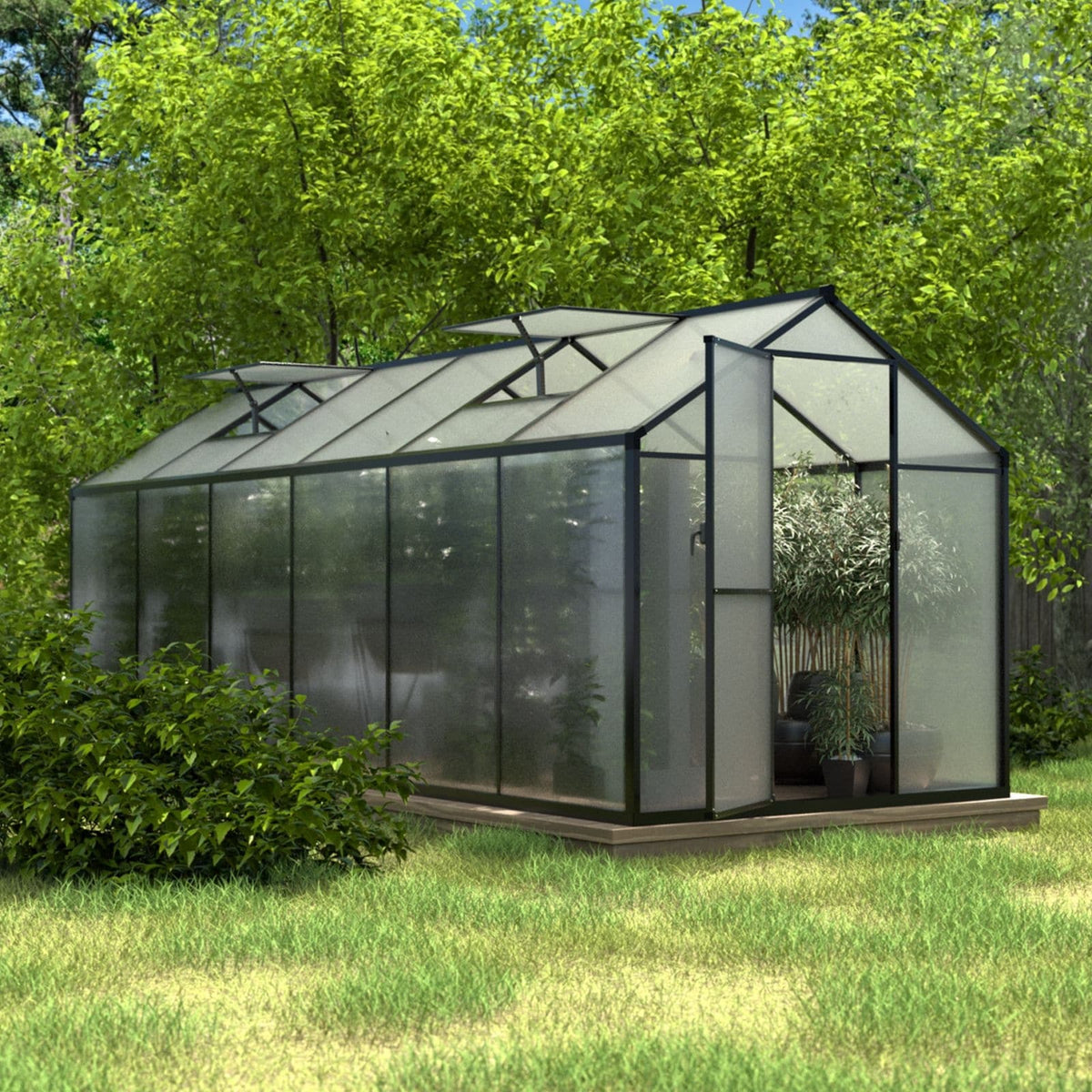 VEIKOUS Aluminium-Gewächshaus-Bausatz mit begehbarem Garten, verstellbarer Dachluke und abschließbarer Tür, Grau