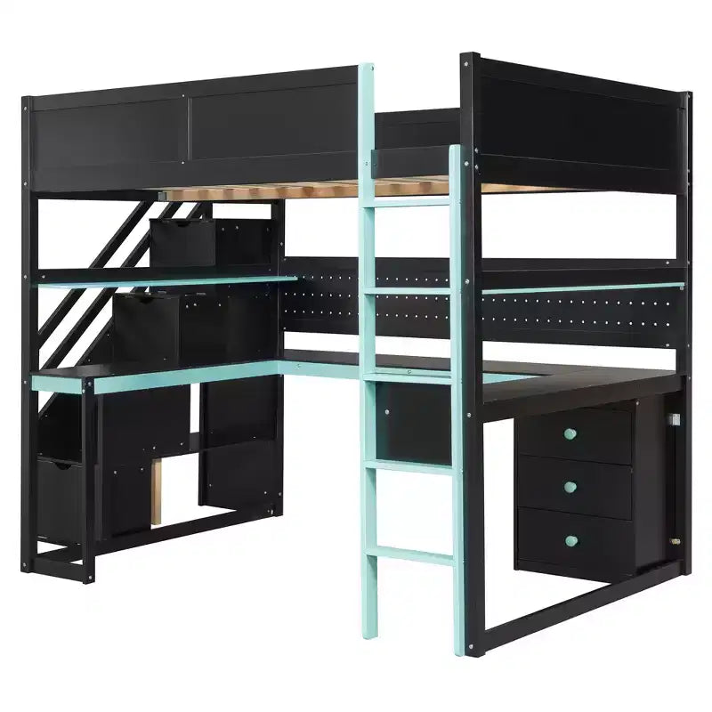 GDFStudio Scott hölzernes Gaming-Hochbett mit Stauraumtreppe, Schreibtisch, Regalen und Lochwand