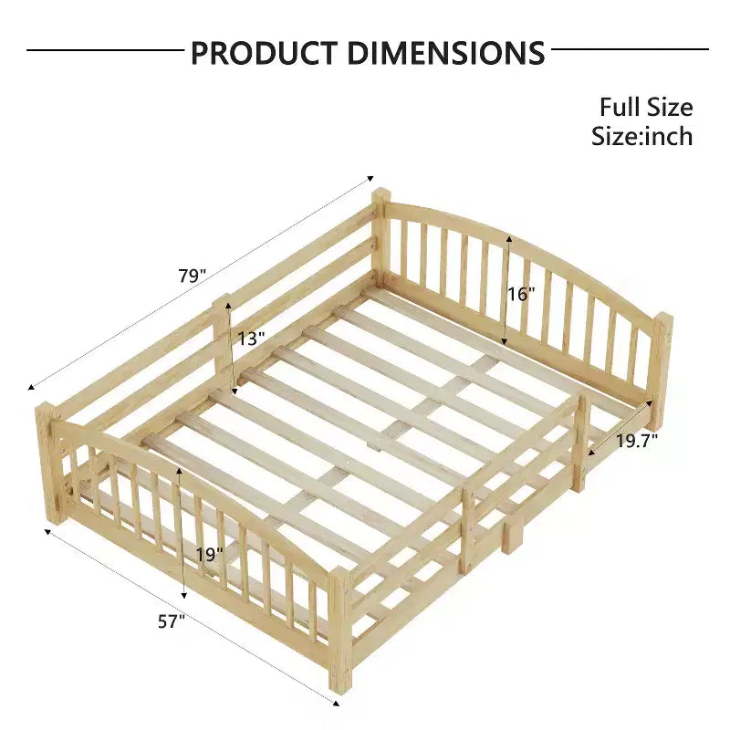 Luxystar Montessori-Bett in voller Größe mit niedriger Profilhöhe, Sicherheitsgittern und Kopfteil