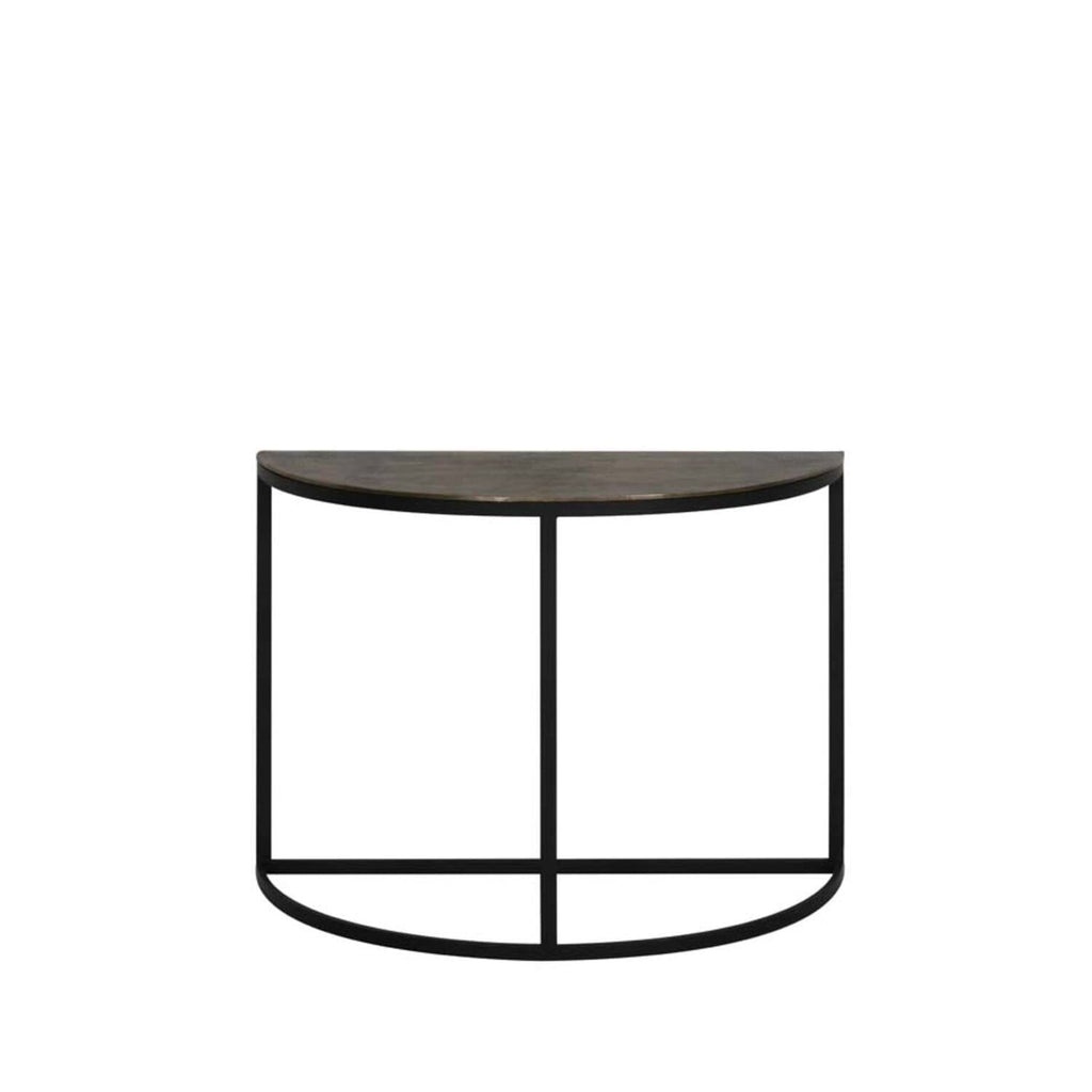 Konsole Halbmond aus schwarzem Metall mit Platte in Bronzeoptik
