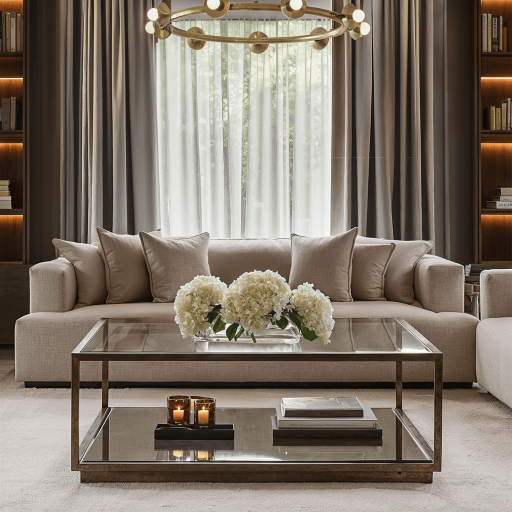 Couchtisch aus Bronze und Glas mit Spiegelablage