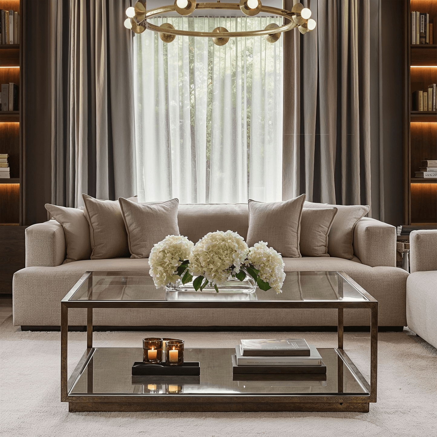 Couchtisch aus Bronze und Glas mit Spiegelablage