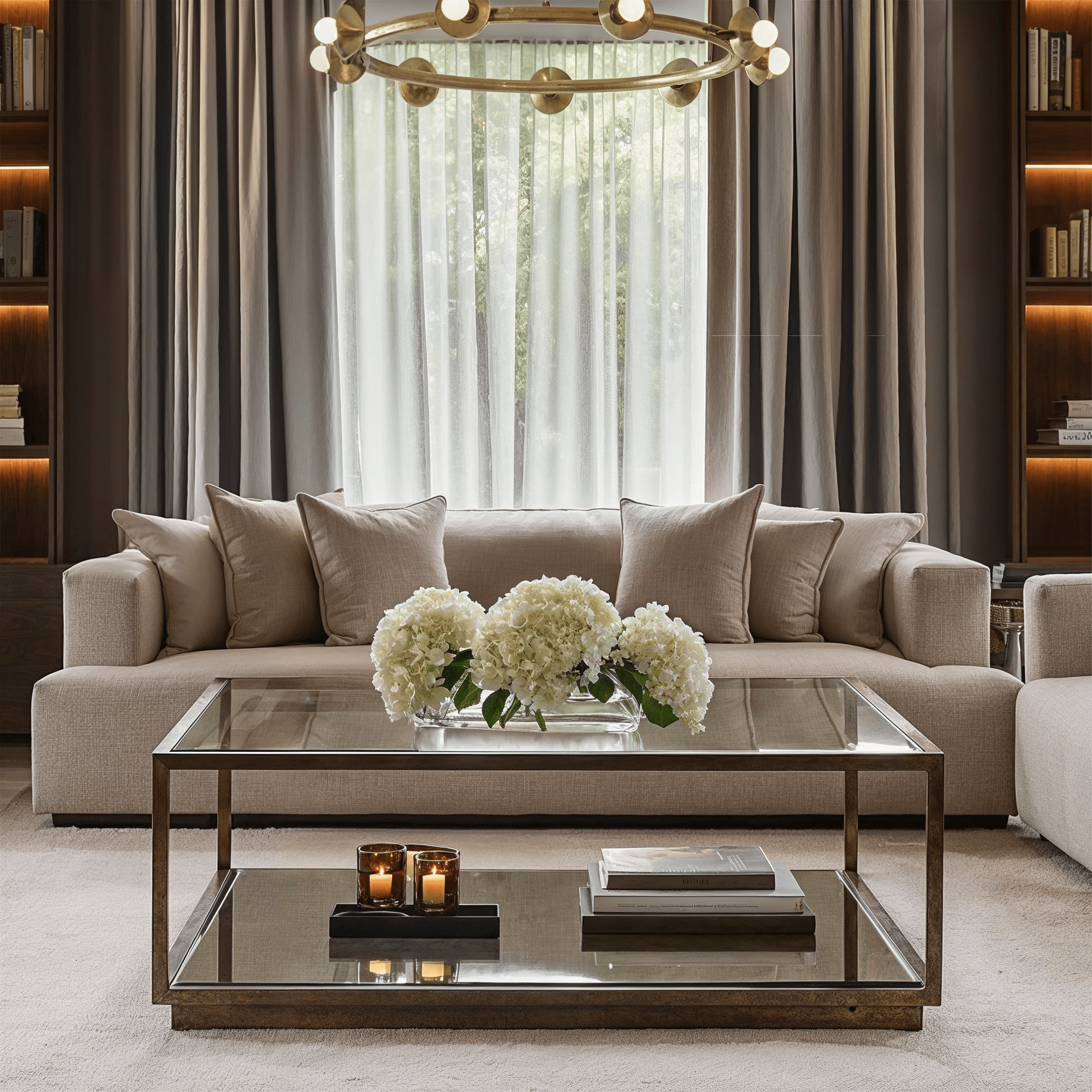 Couchtisch aus Bronze und Glas mit Spiegelablage