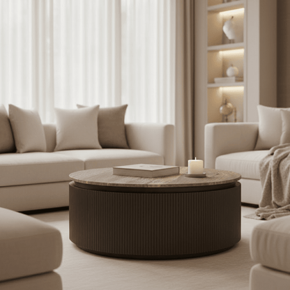 Brauner runder gerippter Couchtisch mit Travertinplatte